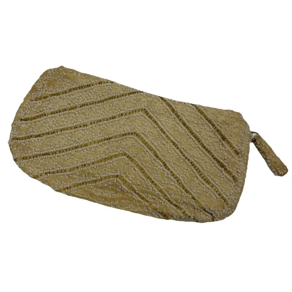 Vintage Ivory Beaded Clutch Purse Evening Bag Chevron Gold Accents